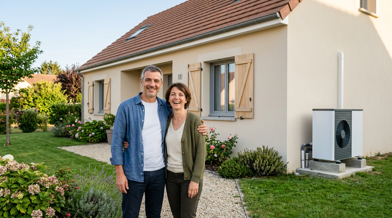 Couple devant leur maison rénovée avec pompe à chaleur