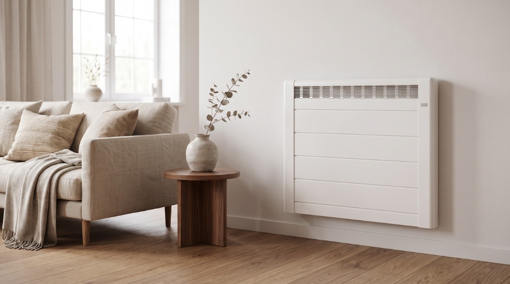 Salon équipé d'un radiateur à inertie